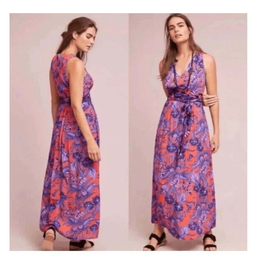 Anthropologie Maeve Maxi Dress size 2  Macie Floral Red Purple Sleeveless Lined